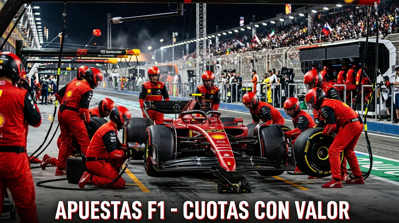 Pit stop de Fórmula 1 con mecánicos en acción durante un Gran Premio