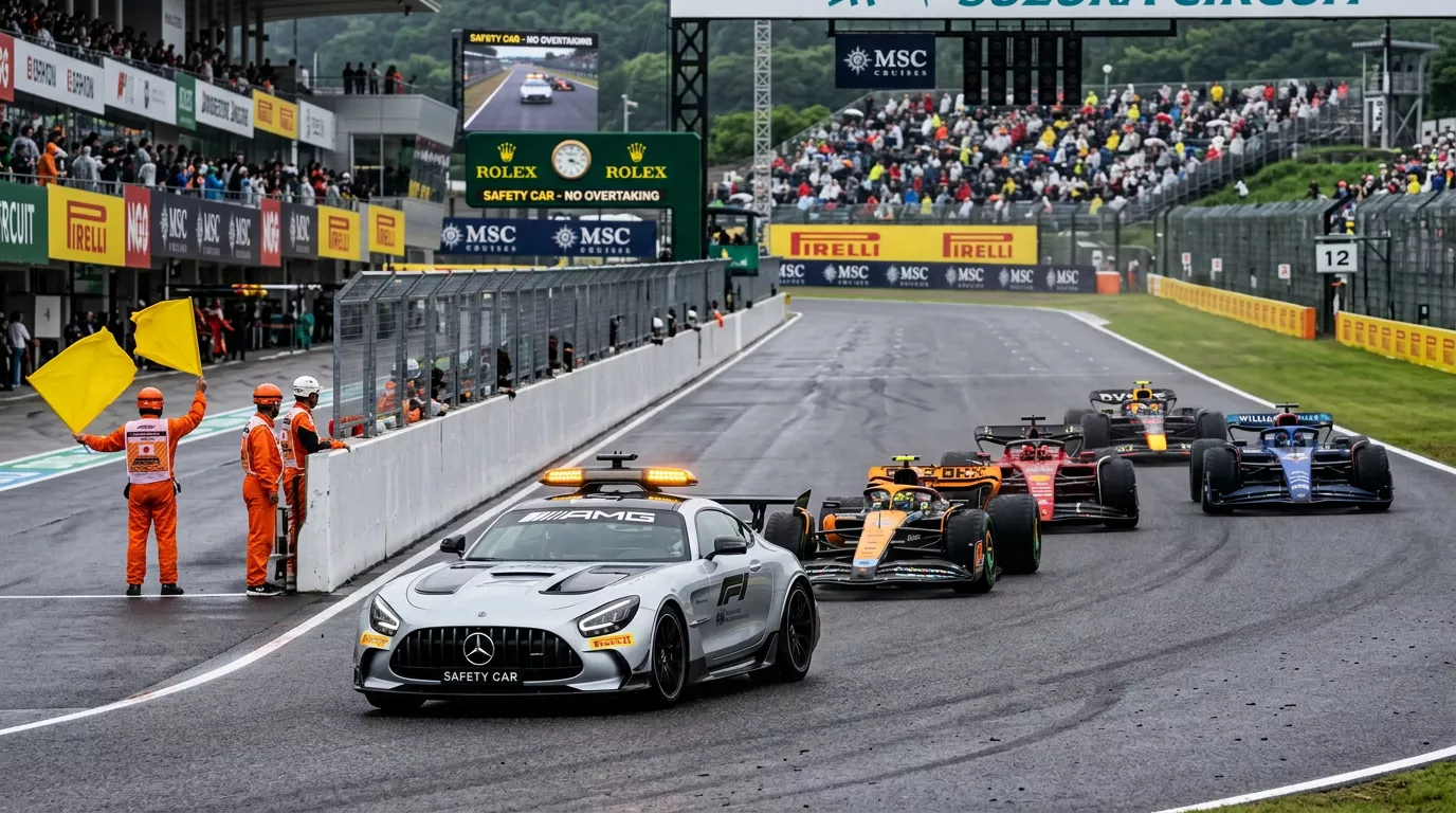 Safety car en pista de Fórmula 1 con pilotos en fila durante la carrera