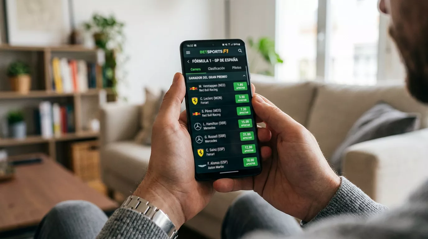 Interfaz de apuestas deportivas en vivo con cuotas de Fórmula 1 en pantalla